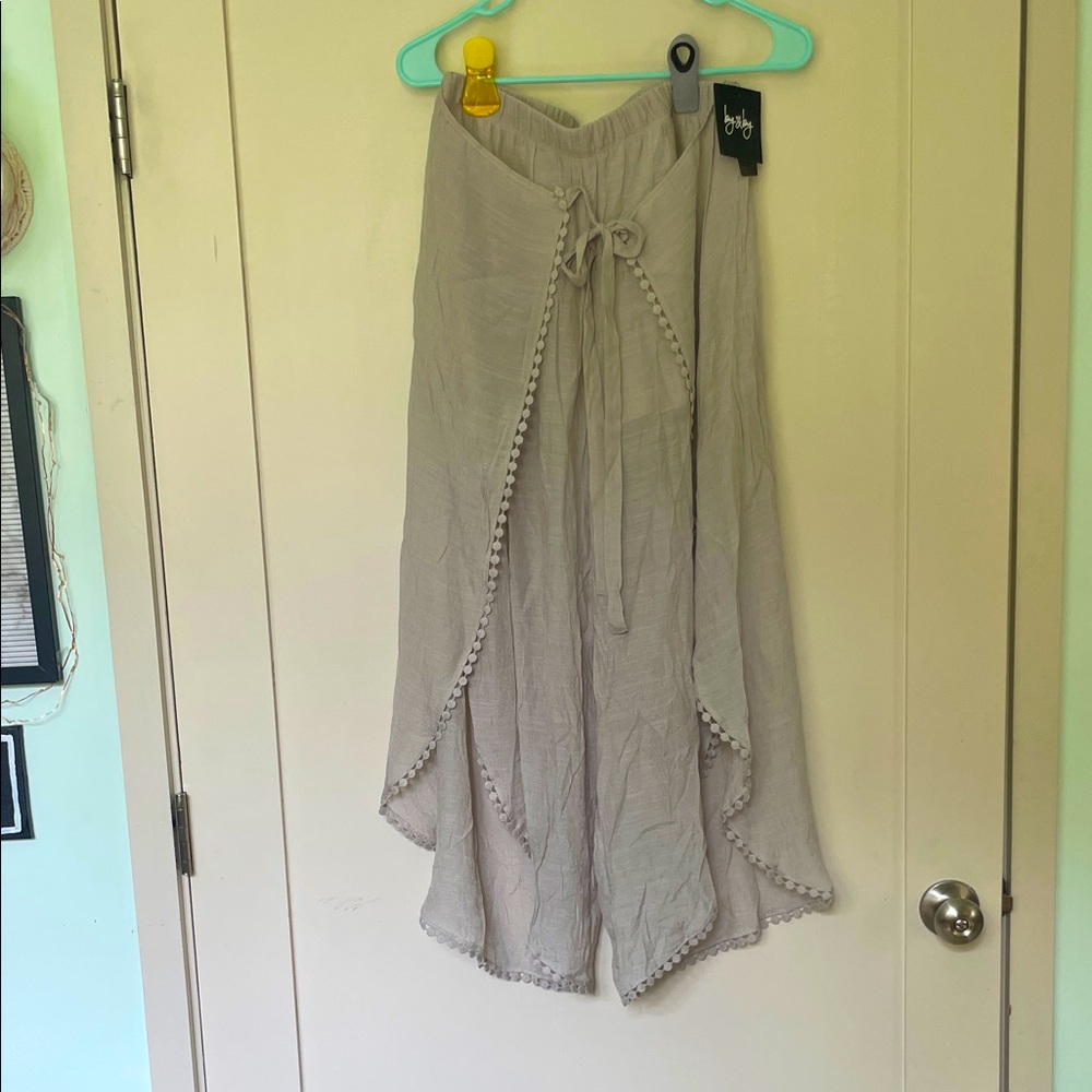 Light Tan Pom-Trim Flowy, Wrap Pants